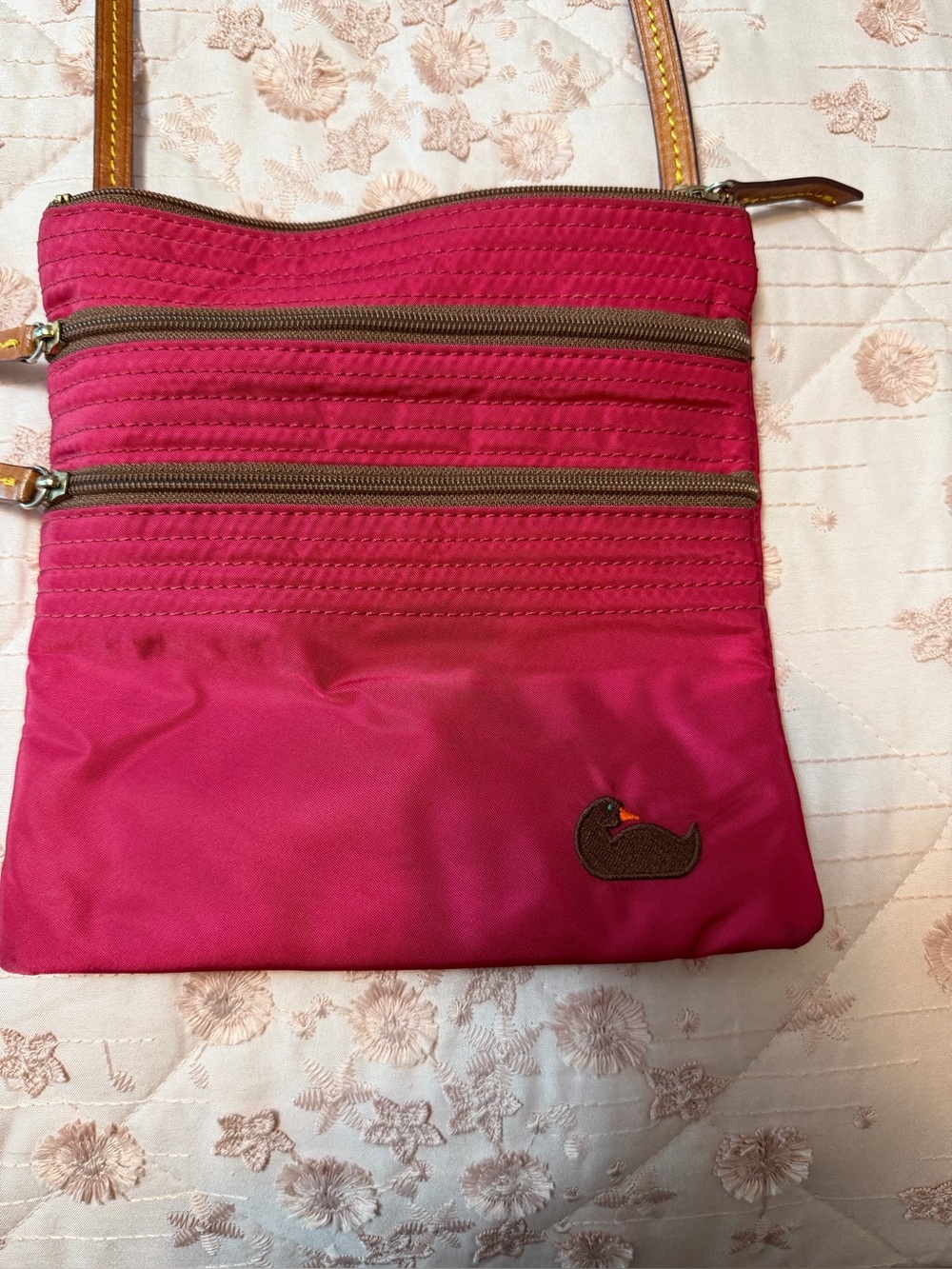Dooney & Bourke Pink Nylon Triple Zip Crossbody Bag with Leather Trim